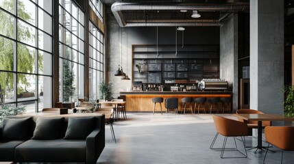 Poster - A stylish coffee shop features large windows letting in natural light, minimalist furniture, and an inviting counter area, creating a warm atmosphere for customers.