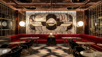 Aufkleber - A stylish lounge features marbled walls, plush red seating, and sophisticated decor, creating an inviting atmosphere for relaxation and socialization.
