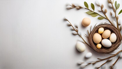 Wall Mural - Flat lay easter composition with a willow branch and eggs on a white background