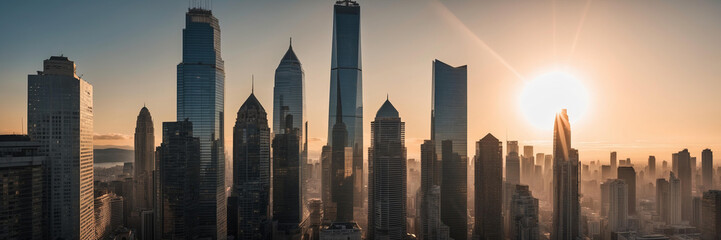 Wall Mural - Skyscrapers tower as sun sets, casting golden rays over city skyline in evening glow