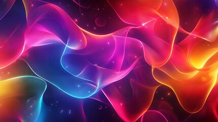 Vibrant Abstract Background with Swirling Neon Ribbons of Light and Soft Gradients