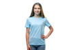 © Dawid - T-Shirt Mockup of Girl Wearing Light Blue T-Shirt Isolated on White Background