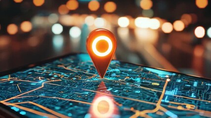 Poster - A smartphone screen shows a detailed map with a glowing location marker, illuminated by city lights in the background.
