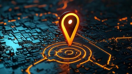 Poster - A bright navigation marker stands out on a dark, illuminated city map, emphasizing a central location amid intricate lines.