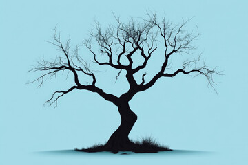 Spooky twisted bare tree silhouette with its branches reaching up against a pale blue sky, perfect for halloween projects