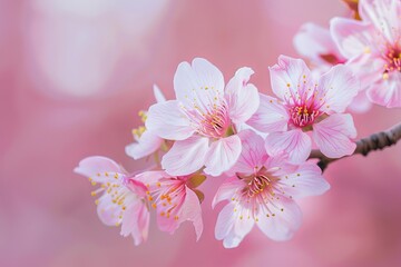Wall Mural - Cherry blossom flowers blooming on branch against pink background in spring