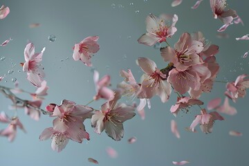 Wall Mural - Beautiful branch of delicate pink cherry blossoms falling with water droplets on a blue background