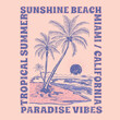 © sumonsharif - Tropical summer, sunshine beach print design, hand drawn vector palm tree illustration, tropical summer t-shirt design, California summer vibes artwork, vintage outdoors print,