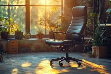 Aufkleber - Comfortable office chair standing in modern open space office bathed in golden light
