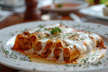 A plate of delicious cannelloni filled with meat and smothered in rich tomato and cheese sauce, garnished with herbs, served on a white table at a restaurant.