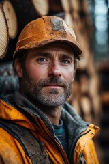 Logger wearing hard hat posing in front of logs