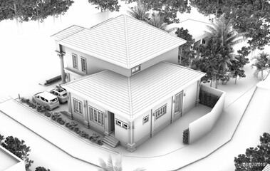 3D rendering modern contemporary two - storey  house design white tone rendering on a white background.