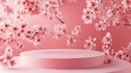 Wall Mural - Delicate pink sakura cherry blossom blooms burst with stage or plate, perfect for product display or decoration