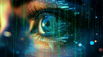 Seamless looping 4k time-lapse animation video background of a close-up eye with digital data integration in a futuristic setting.