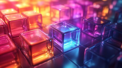 Sticker - Colorful illuminated glass cubes arranged beautifully at night in a vibrant display