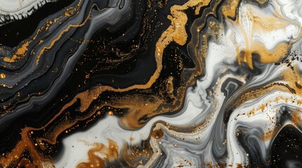 Poster - Abstract fluid art with swirling black, white, and gold patterns. Captivating marble texture ideal for modern design projects.