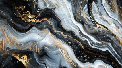 Poster - An elegant abstract background featuring swirling patterns of black, white, and gold tones for artistic projects.