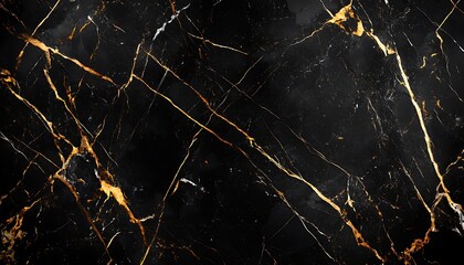 Fototapete - Dramatic Black Marble Texture with Bold White and Gold Veins, Highly Polished Surface