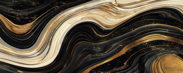 Poster - Elegant abstract design featuring flowing lines in black, gold, and white, perfect for backgrounds or artistic projects.