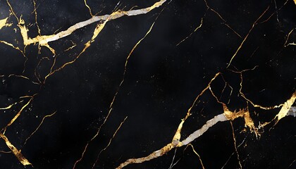Fototapete - Dramatic Black Marble Texture with Bold White and Gold Veins, Highly Polished Surface