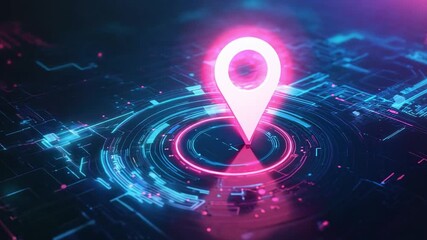 Poster - A navigation pin appears in neon colors on a high-tech digital background, indicating a location in a modern urban environment.