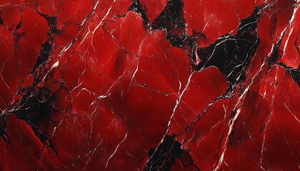 Fototapete - Bold Red Marble Texture Background with Deep Black and White Veins, Glossy Surface