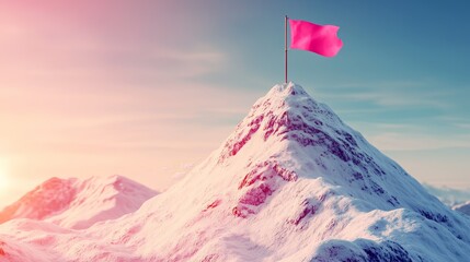 Poster - Pink Flag on Mountain Peak.