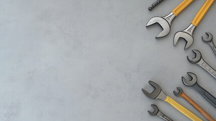 Flat lay of professional construction tools including pliers and wrenches on a neutral gray concrete background, with ample space for text or graphics. Ideal for use in web development visuals and con