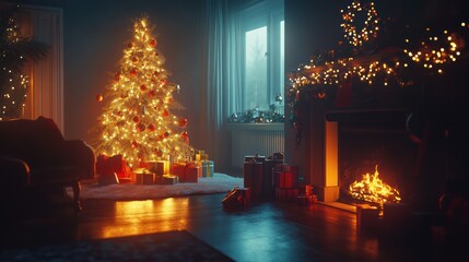 Wall Mural - A lit christmas tree in a living room with presents under it, AI