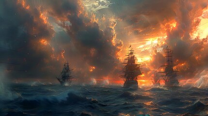 Canvas Print - Ships at Sea During a Dramatic Sunset.