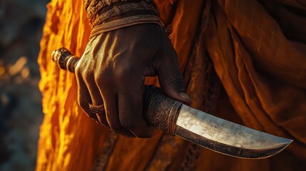 A Sikh man's hands grip a Kirpan, showcasing intricate details while he wears traditional attire in a peaceful outdoor environment