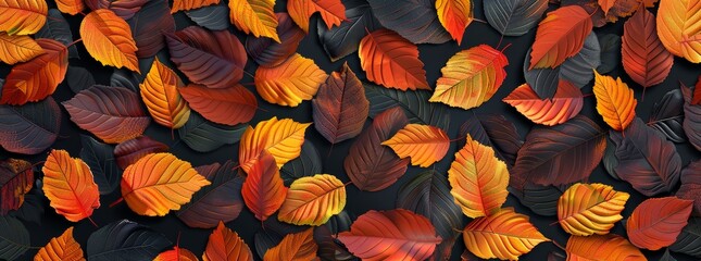 Wall Mural - Orange, yellow and brown autumn leaves on black background. Abstract fall wallpaper illustration. 