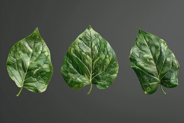 Three fresh green bay leaves isolated on black background.