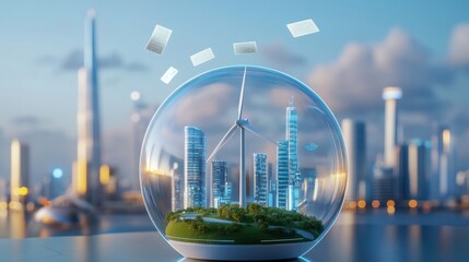 Wall Mural - A futuristic city powered by renewable energy, with carbon credits floating in the air