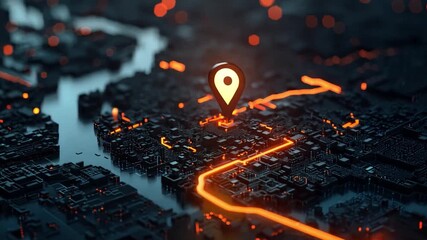 Poster - A vibrant navigation pin illuminates a city area on a digital map at night, showcasing streets and waterways.