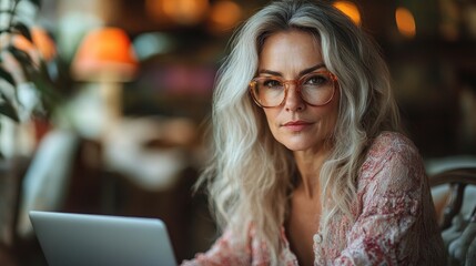 Poster - mature woman using laptop in garden working outdoors in home office