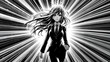 © LiliGraphie - Dynamic black and white manga style illustration of young businesswoman in suit, walking forward with a powerful dramatic radial burst background