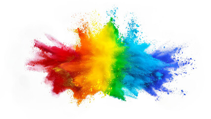 Explosion of paint powder in rainbow hues isolated on white background. Holy holiday banner