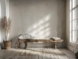 Wall Mural - A serene, minimalistic bedroom interior with a wooden bench and a cushion on the floor. Sunlight streams in through a window, enhancing the natural feel of the space.