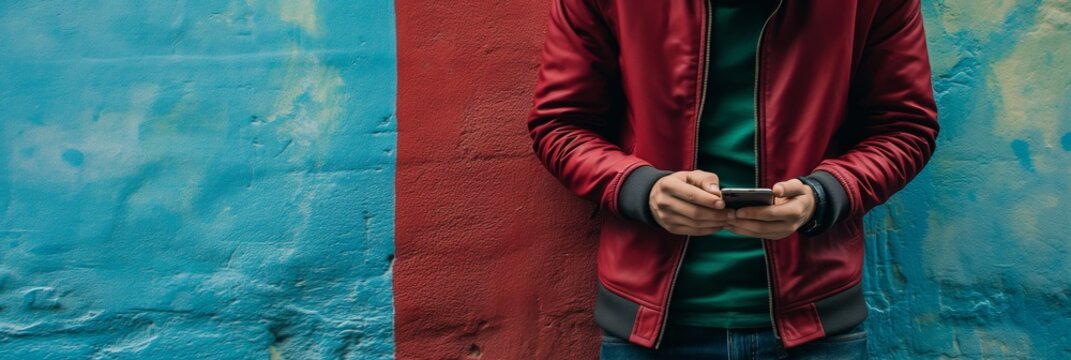 Person wearing red jacket holding phone standing against a colorful urban wall, symbolizing modern communication and urban lifestyle.