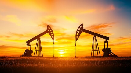 Wall Mural - Oil Pump Jack Silhouette at Sunset.