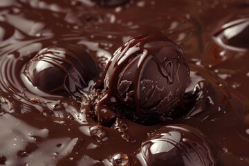 Wall Mural - Chocolate truffles covered with melted chocolate flowing on a brown background