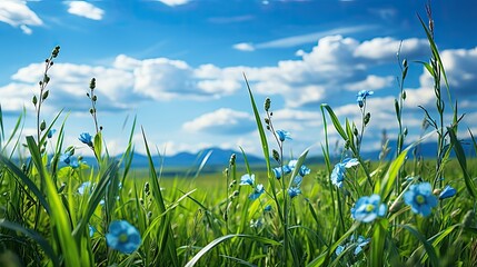 Poster - Beautiful field meadow flowers chamomile, blue wild peas in morning against blue sky with clouds, nature landscape 