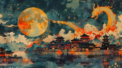 Canvas Print - Dragon Over Water Village.