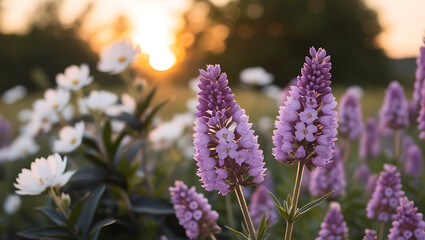 Wall Mural - Close-up of purple flowers growing in the field at sunset, blurred background