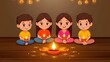 © Dassen - Animated indian children celebrating diwali with traditional oil lamps