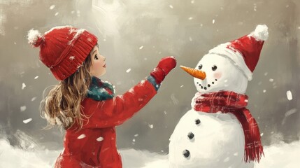 Canvas Print - A little girl in red hat and gloves playing with a snowman, AI