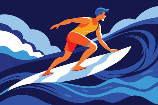 Vector art of a surfer navigating a powerful wave, capturing the thrill and excitement of surfing in a vibrant ocean setting.