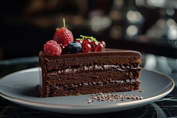 Wall Mural - Delicious slice of chocolate cake topped with fresh berries sitting on a plate