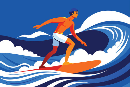 An illustration in vector style featuring a surfer on a wave, emphasizing the beauty and action of the surfing experience.